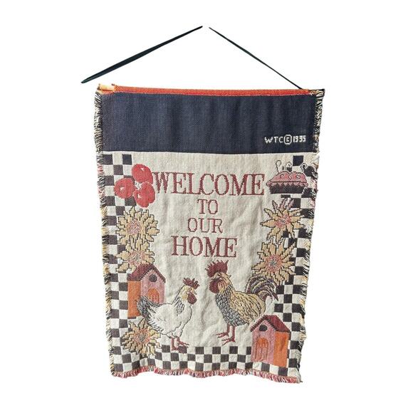 Vtg Tapestry Wall Hanging Chicken Farm Decor Welcome To Our Home Hanger 1995 - Picture 1 of 10